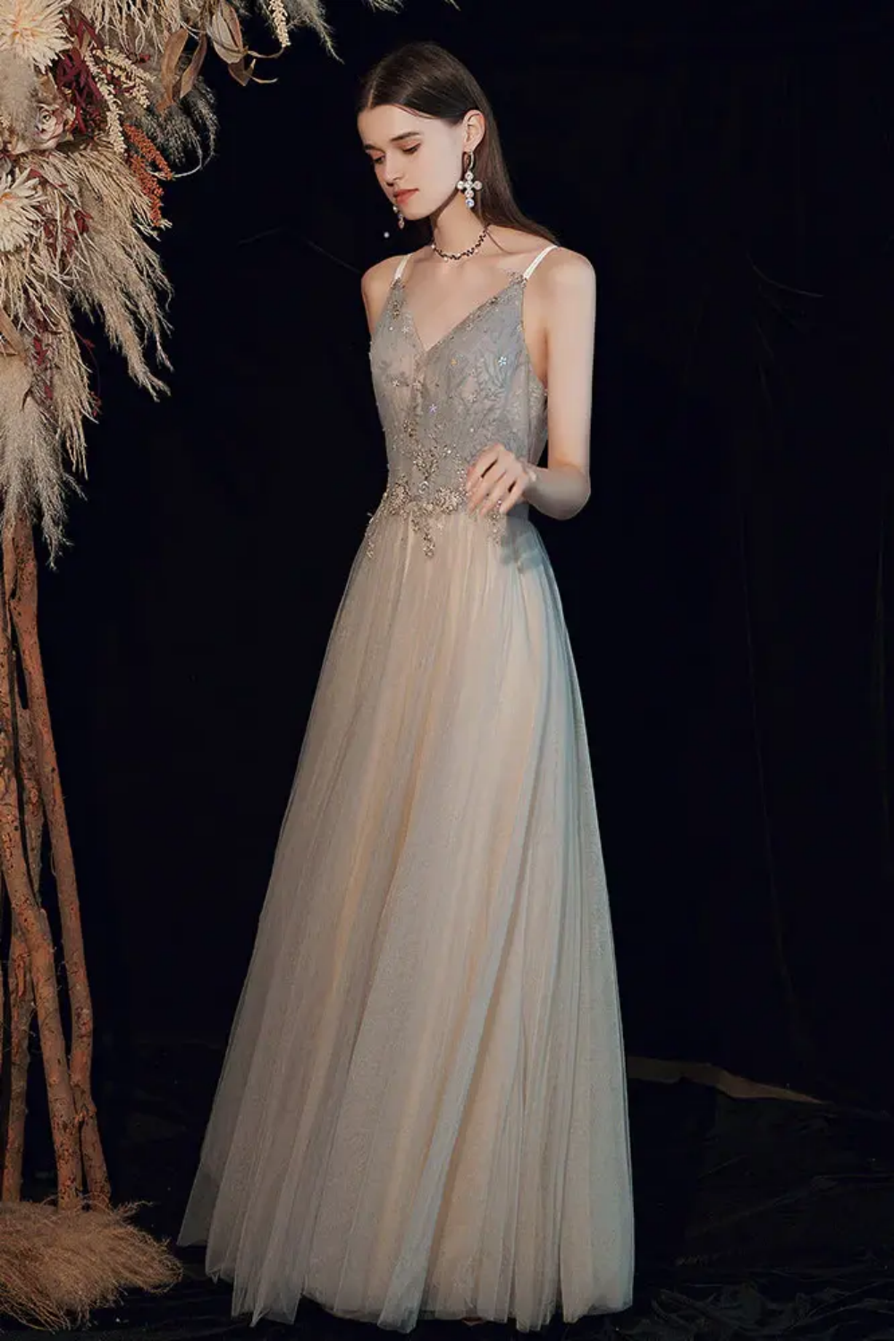 Weitese Beautiful A Line Off the Shoulder Light Grey Floor Length Formal Dress