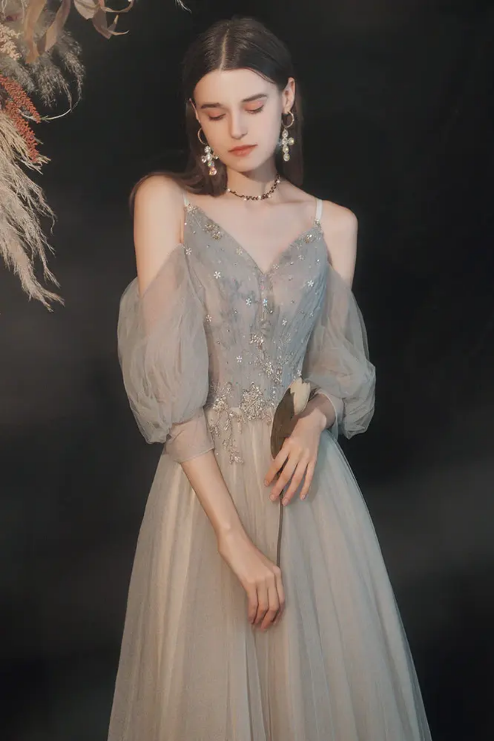 Weitese Beautiful A Line Off the Shoulder Light Grey Floor Length Formal Dress