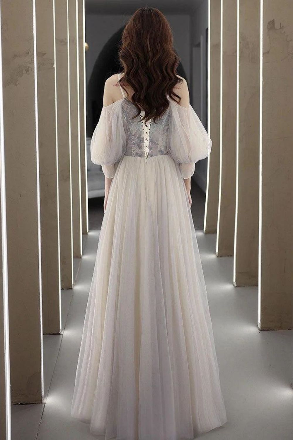 Weitese Beautiful A Line Off the Shoulder Light Grey Floor Length Formal Dress
