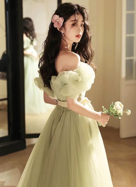 Sage Green Tulle A-Line Off-the-Shoulder Lace-Up Back Floor-Length Dress