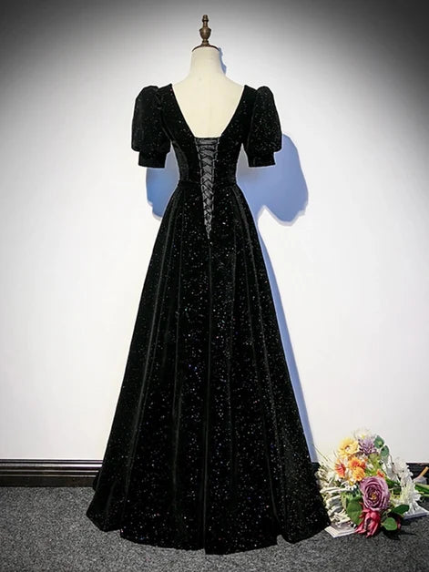 Black Glitter Velvet A-Line Sweetheart Lace-Up Back Floor-Length Dress