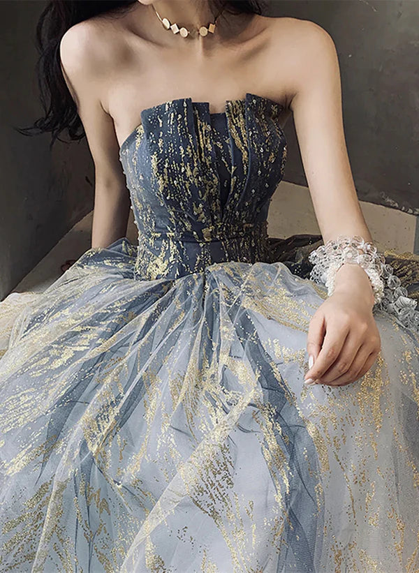 Belle robe de bal longue bleue en tulle et perles, coupe trapèze