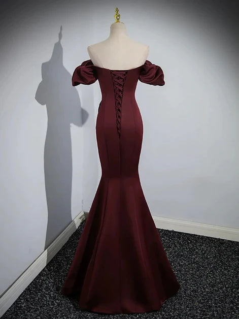 Burgundy Satin Mermaid Off-the-Shoulder Lace-Up Back Floor-Length Dress