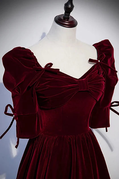 Burgundy Velvet A-Line Sweetheart Lace-Up Back Floor-Length Dress
