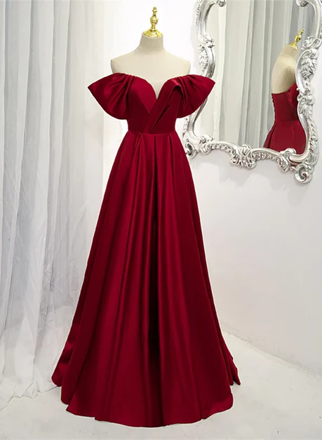 Burgundy Off The Shoulder Satin A Line Prom Dress Pleated Ruffle Neck