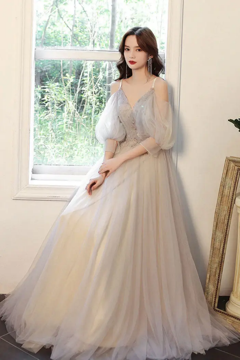 Weitese Beautiful A Line Off the Shoulder Light Grey Floor Length Formal Dress