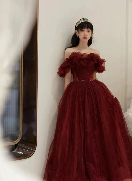 Burgundy Tulle Ball Gown Off-the-Shoulder Zipper Back Floor-Length Dress