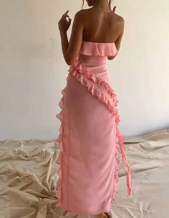 Weitese Dress Pink Strapless Ruffles Birthday Outfits Sweet Wedding Guest Dress Party Dress Formal Wear Dresses Dresses Plus Size Formal