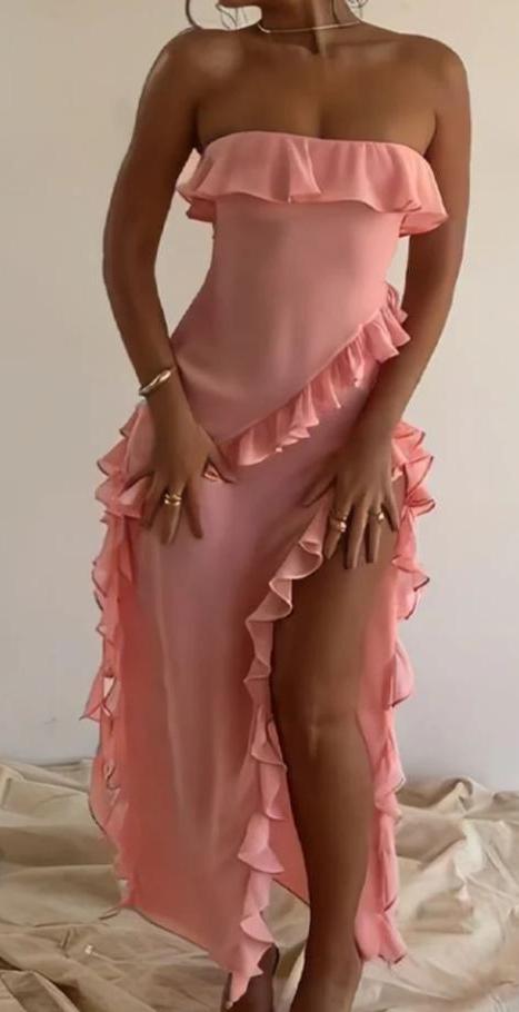 Robe rose bustier à volants, tenue d'anniversaire, robe d'invitée de mariage, robe de soirée, robe de soirée, grande taille 