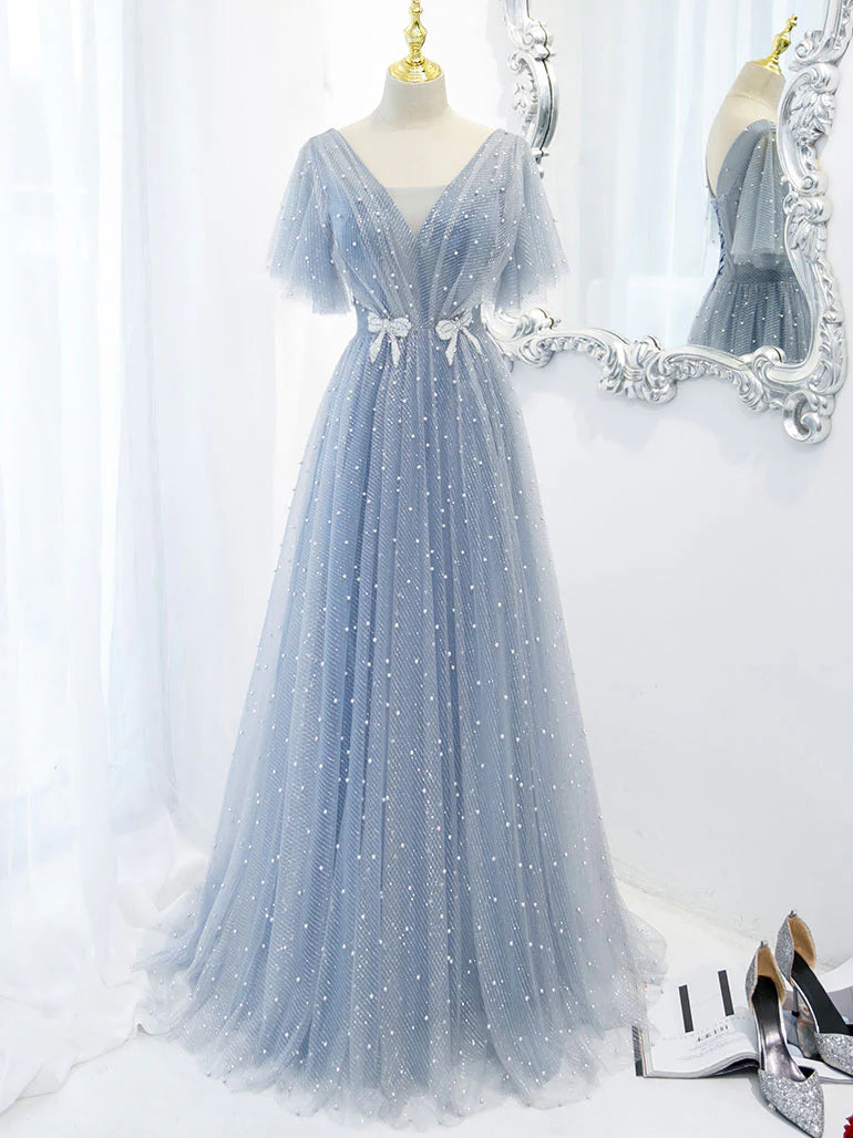 Bow Backless Blue V Neck Tulle Beads Long Evening Prom Dresses