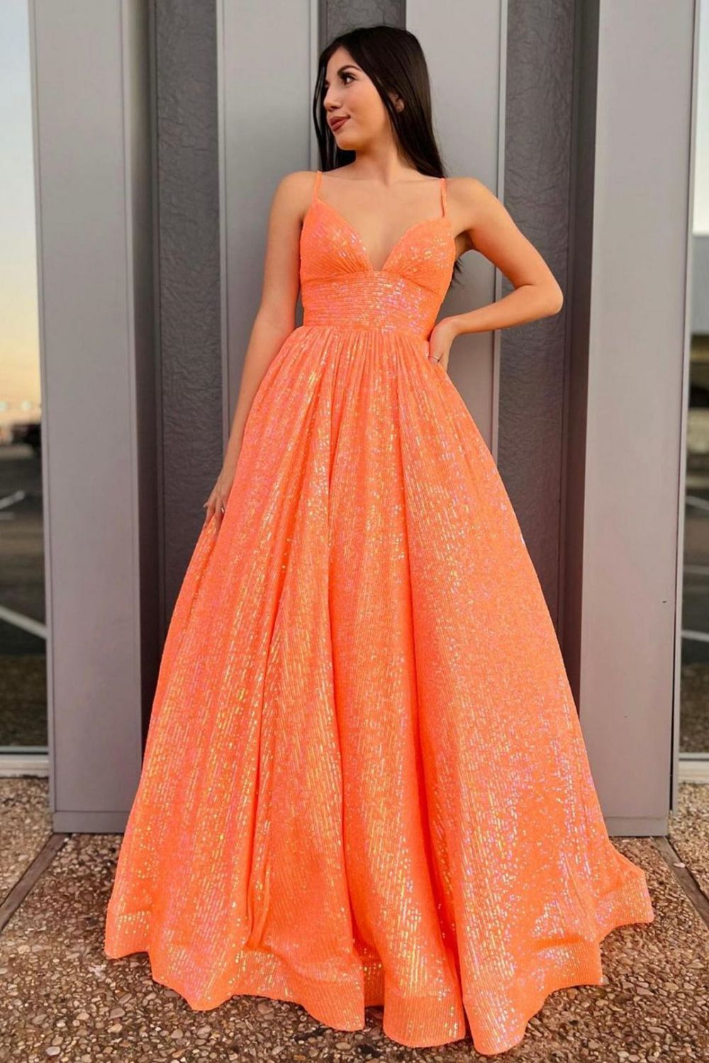 Weitese Beautiful A Line Spaghetti Straps Orange Sequins Long Prom Dress