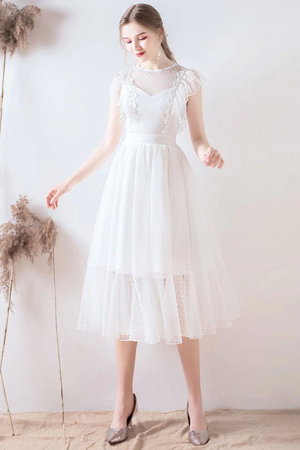 Weitese A Line Jewel White Formal Dress with Lace Ruffles