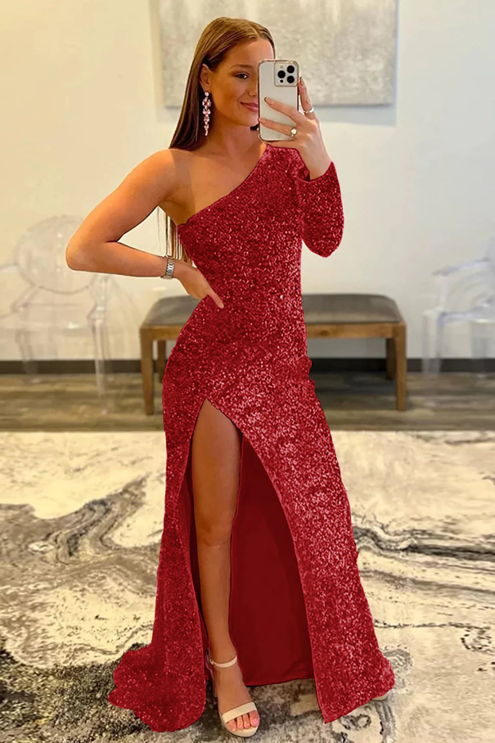 Mermaid Sequins Glitter One-Shoulder Prom Dress With Slit
