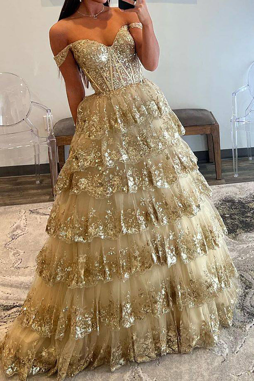 Weitese Princess A Line Off the Shoulder Golden Long Prom Dress with Ruffles