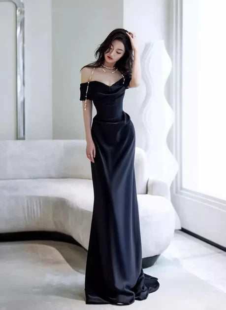 Black Satin Sheath Off-the-Shoulder Zipper Back Floor-Length Dress