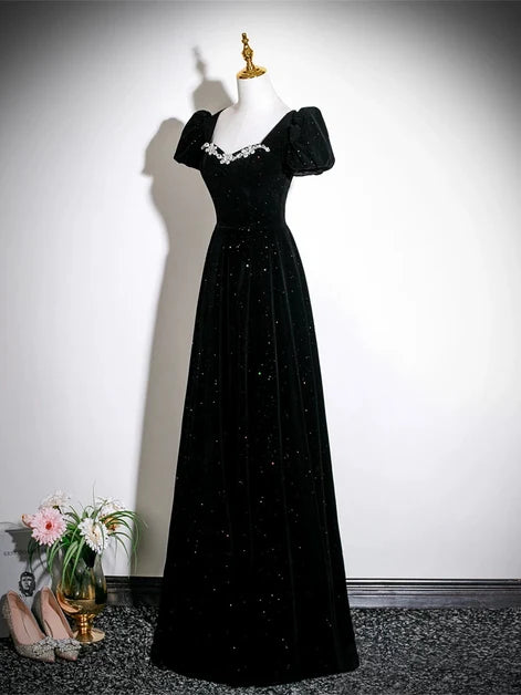 Black Glitter Velvet A-Line Sweetheart Lace-Up Back Floor-Length Dress