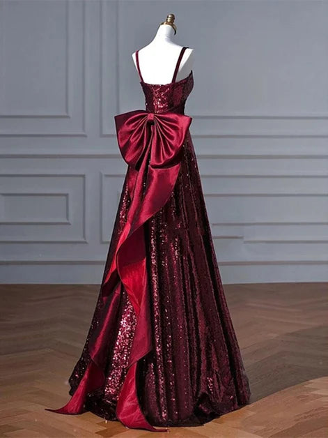 Burgundy Sequin A-Line Sweetheart Low Back with Statement Bow Floor-Length Dress