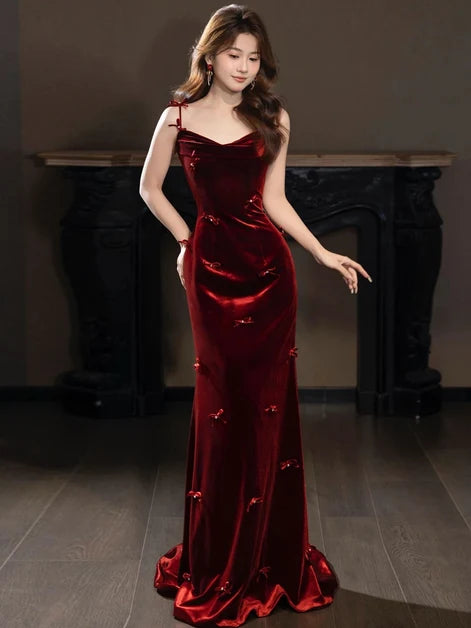 Burgundy Velvet Mermaid Cowl Neck Zipper Back Floor-Length Dress