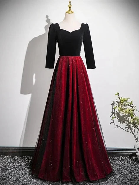 Burgundy Velvet and Glitter Tulle A-Line Sweetheart Floor-Length Dress