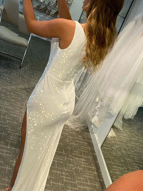 Sparkling Sheath/Column Sequin One-Shoulder Sweep/Brush Train Long Prom Dresses