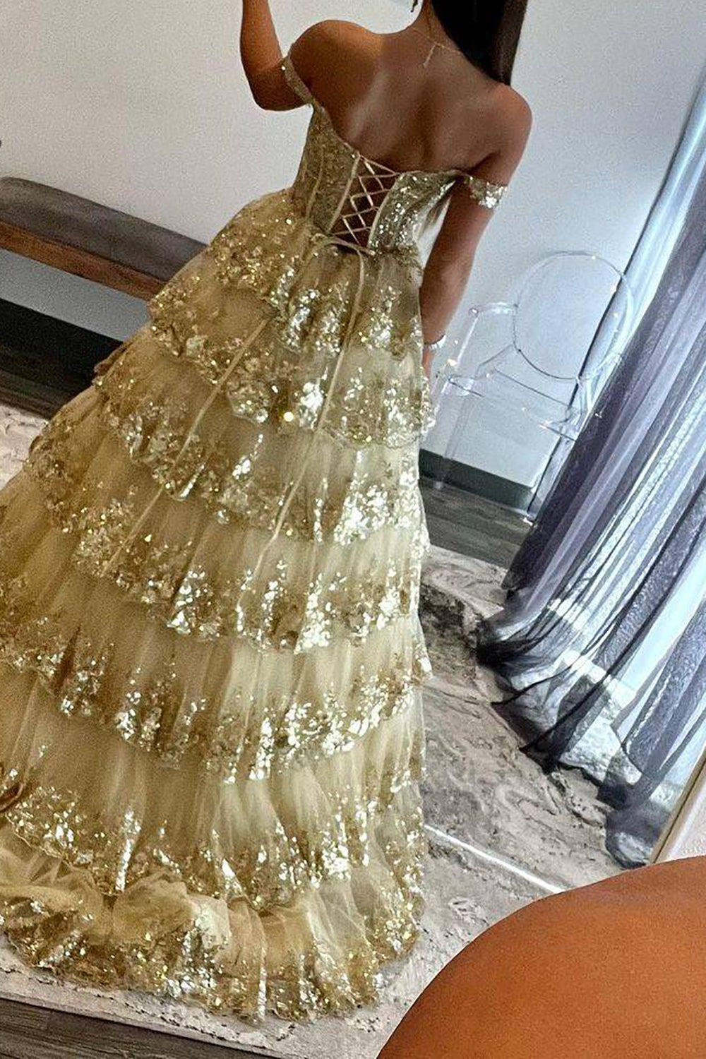Weitese Princess A Line Off the Shoulder Golden Long Prom Dress with Ruffles