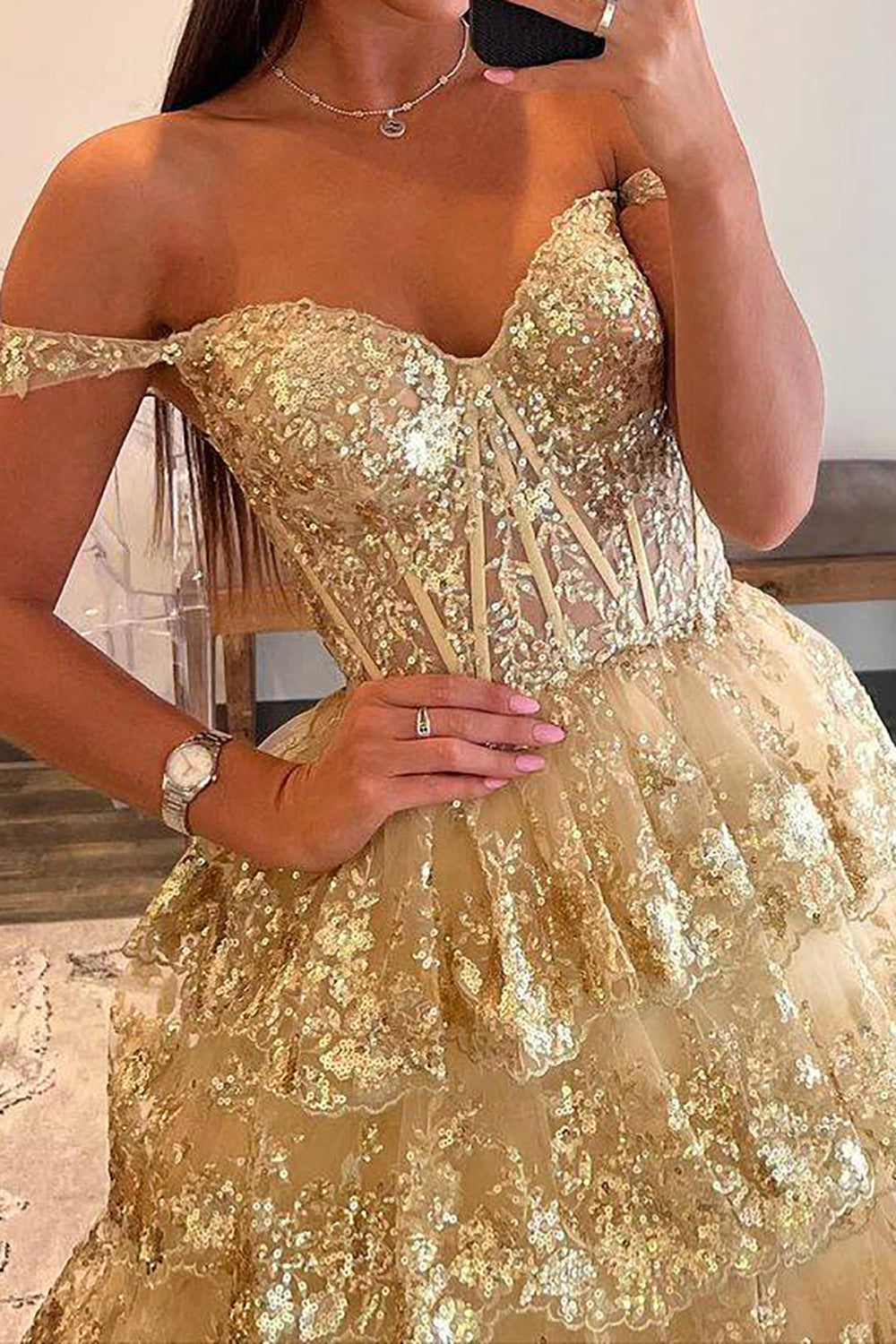Weitese Princess A Line Off the Shoulder Golden Long Prom Dress with Ruffles