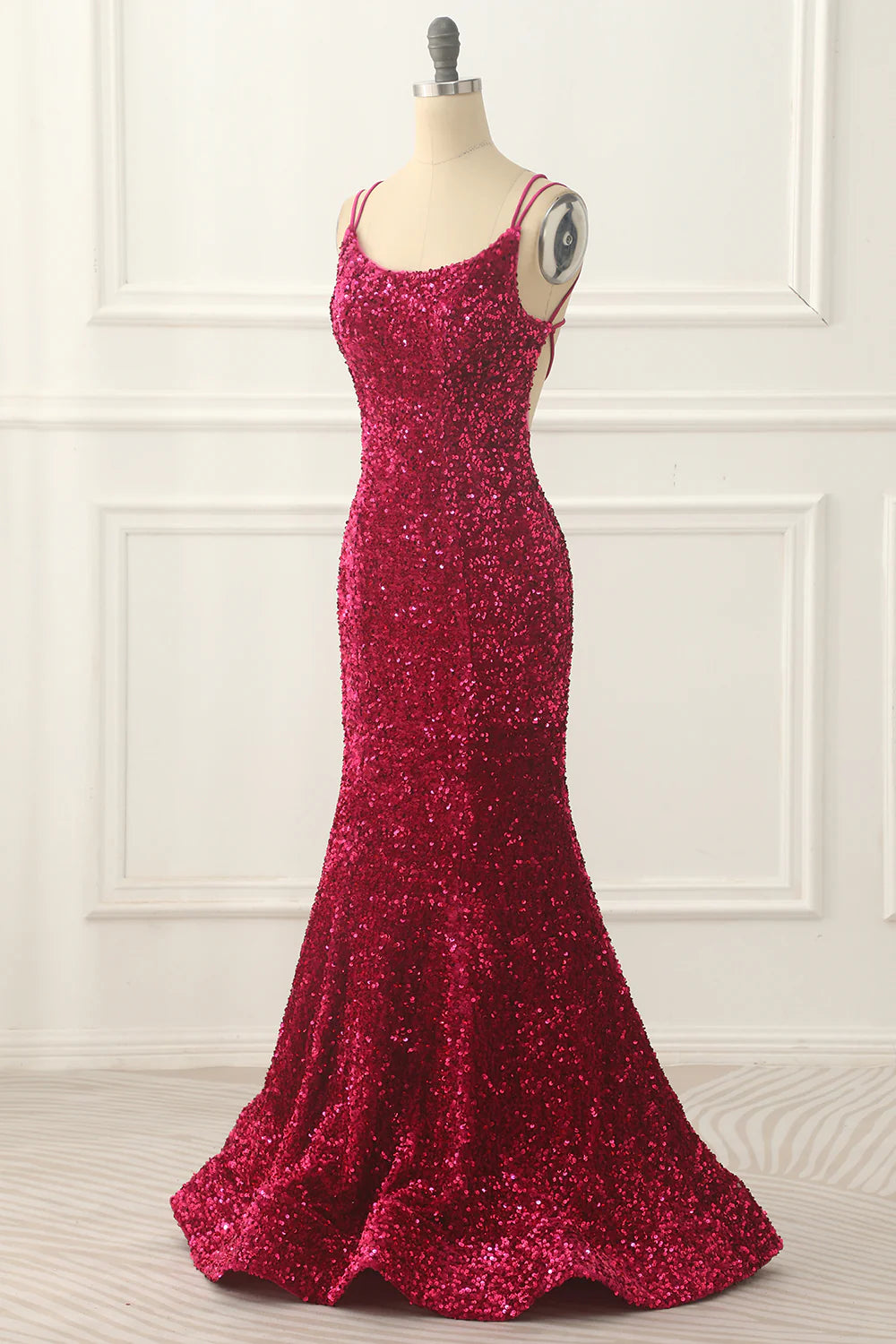 Sequin Backless Long Fuchsia Prom Dress