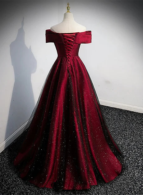 Elegant A-line Off Shoulder Cap Sleeve Lace Up Back Long Prom Dress