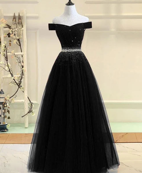 Sparkly Off Shoulder Black Tulle Beaded Waist Ball Gown