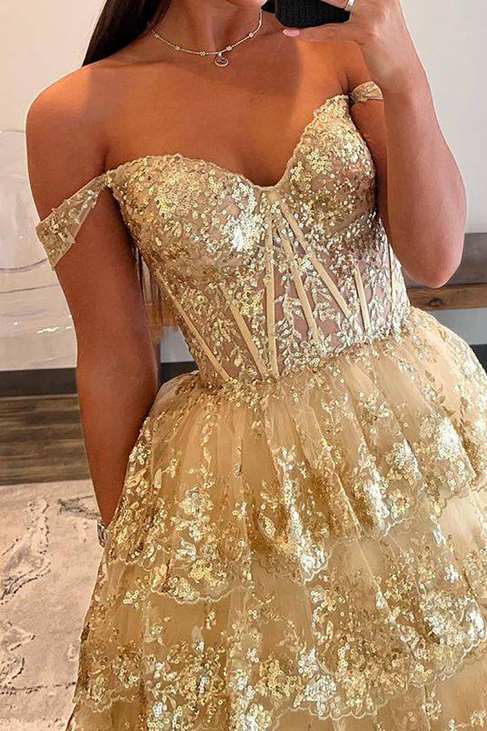 Weitese Princess A Line Off the Shoulder Golden Long Prom Dress with Ruffles