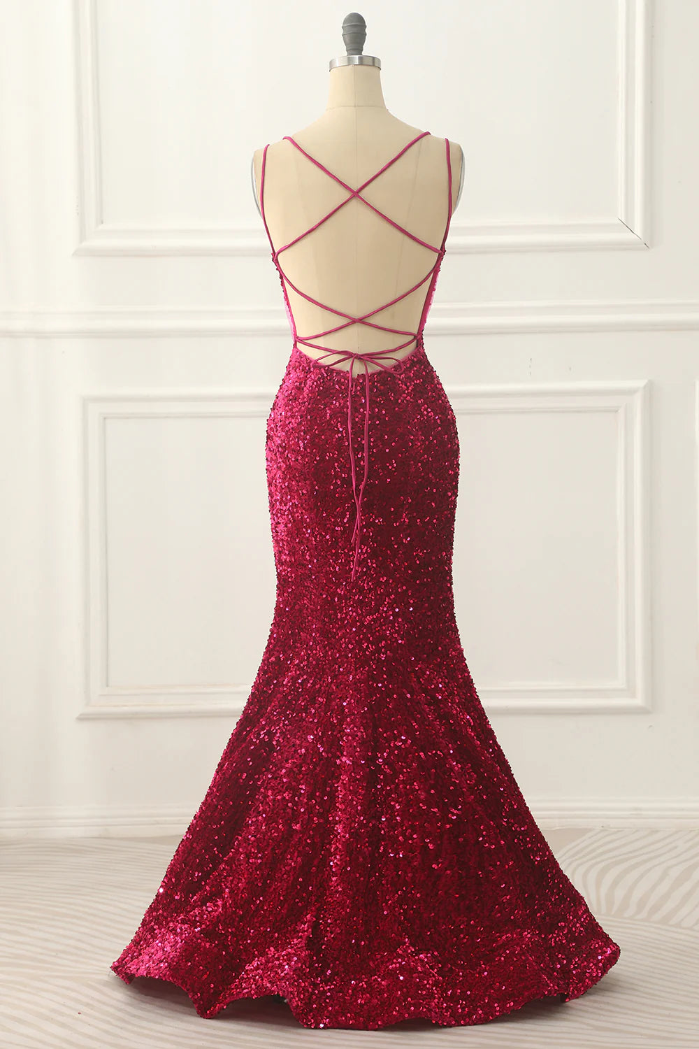 Sequin Backless Long Fuchsia Prom Dress