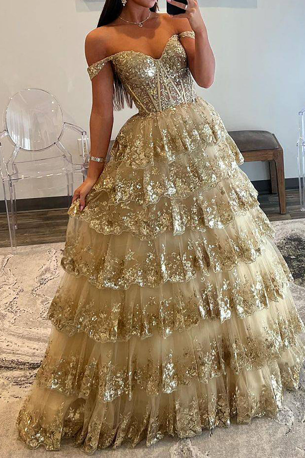 Weitese Princess A Line Off the Shoulder Golden Long Prom Dress with Ruffles