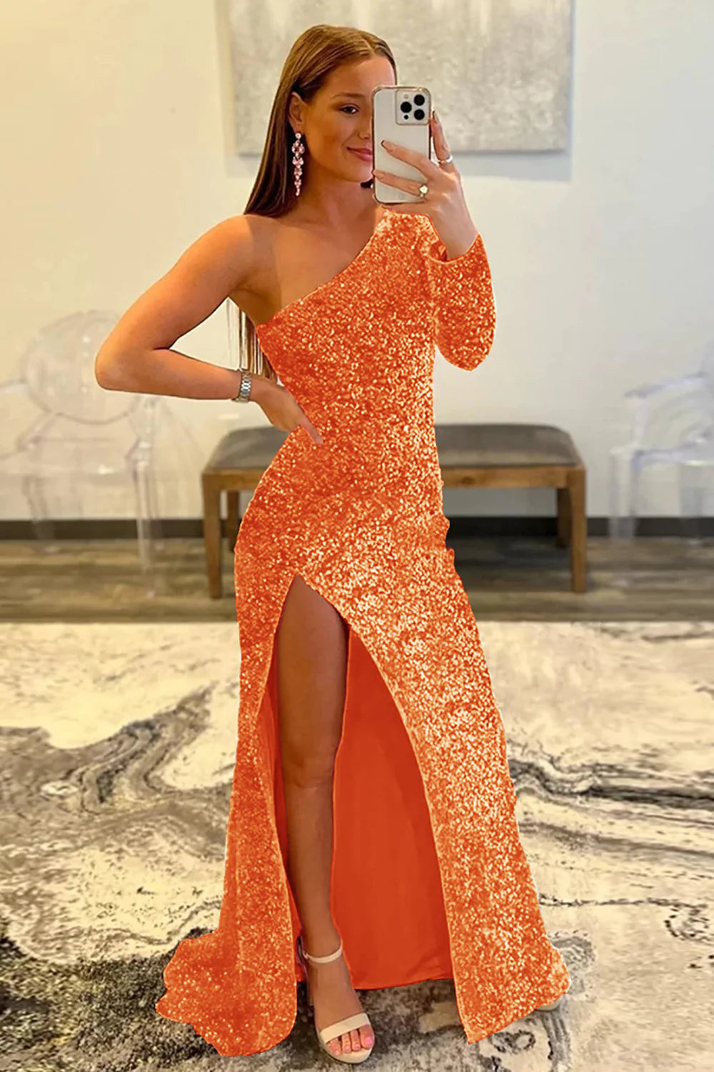 Mermaid Sequins Glitter One-Shoulder Prom Dress With Slit