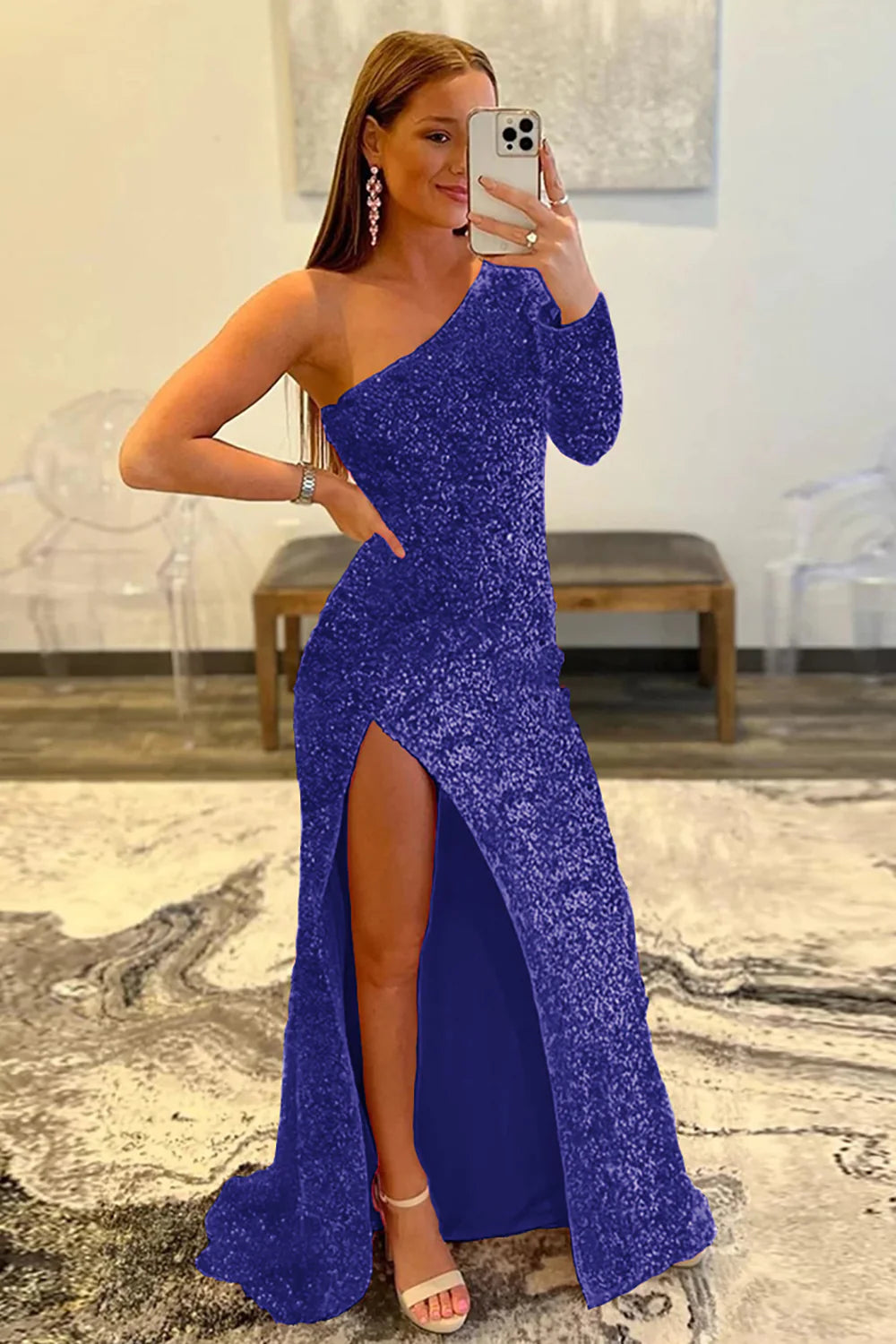 Mermaid Sequins Glitter One-Shoulder Prom Dress With Slit