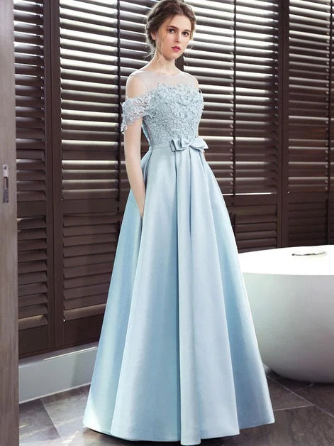 Light Blue Off Shoulder Lace Applique Satin A Line Prom Dress With Pockets