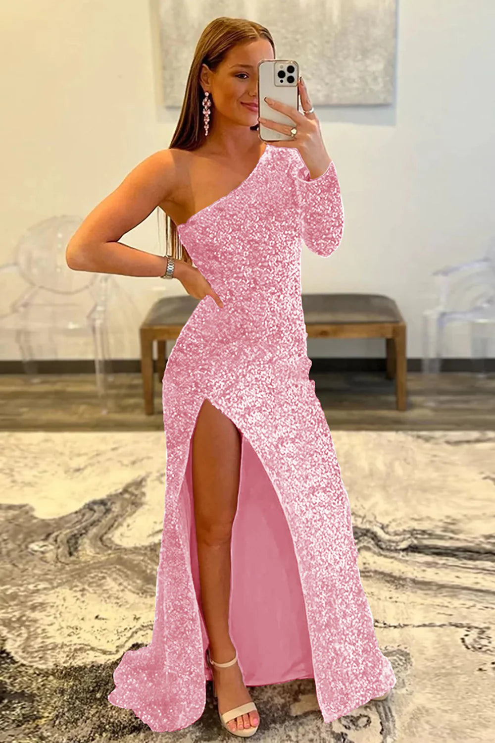 Mermaid Sequins Glitter One-Shoulder Prom Dress With Slit