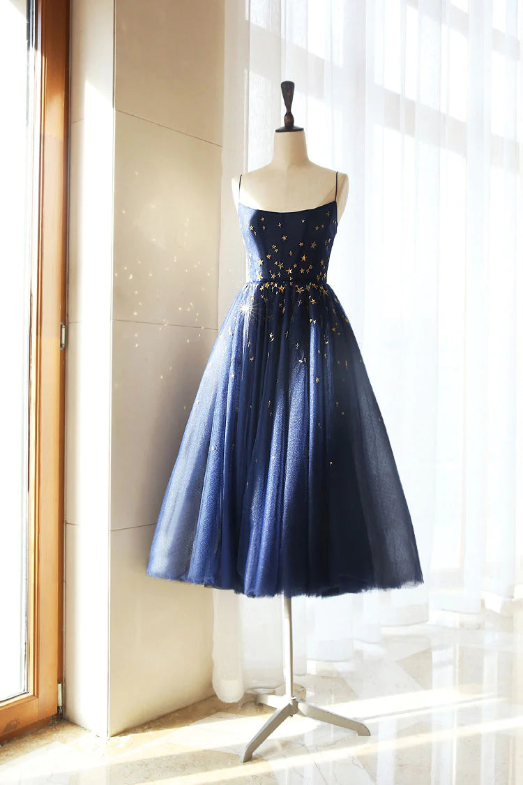 Dark Blue Tulle Tea Short Party Dress Homecoming Dress
