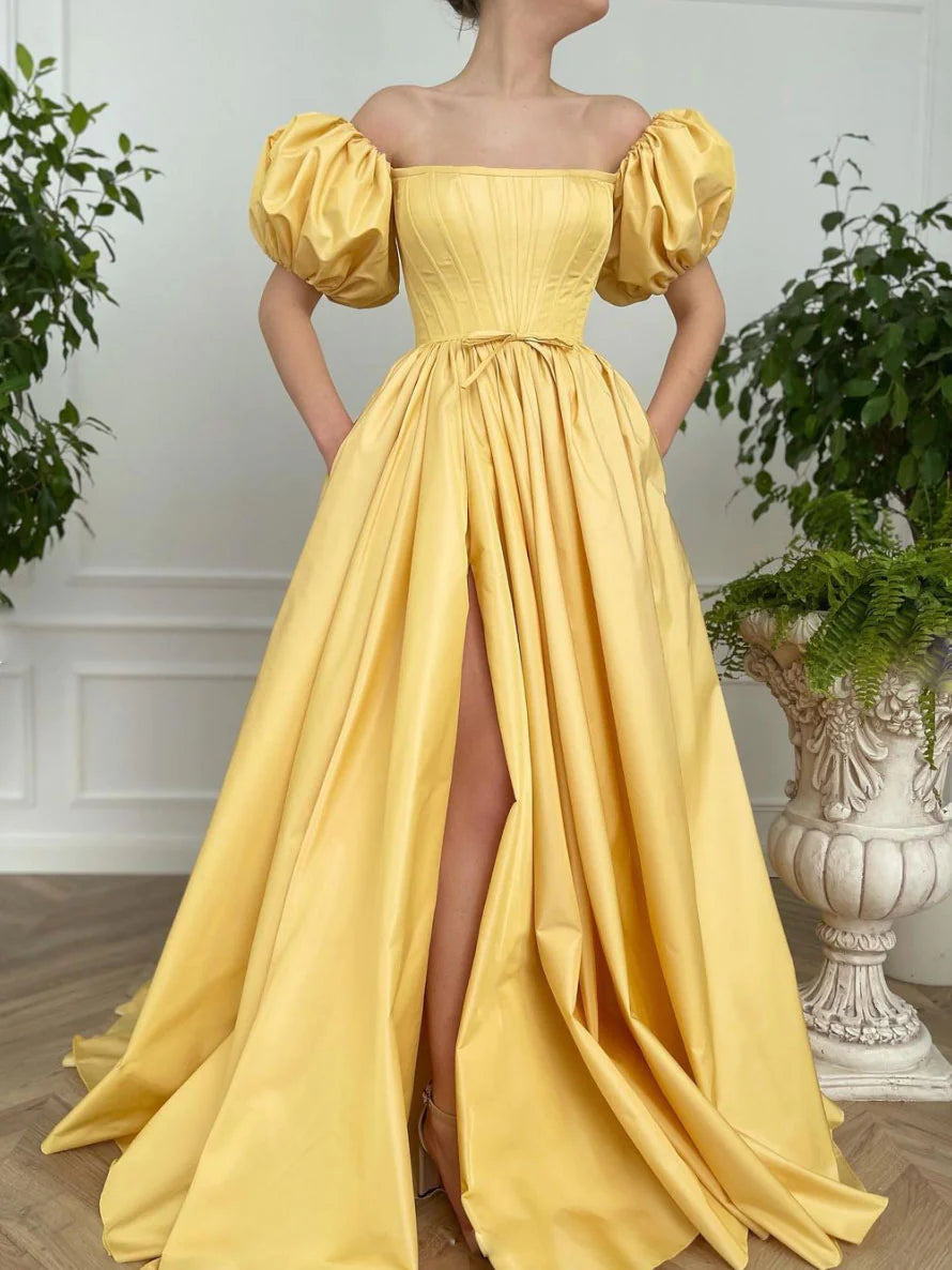 Simple yellow satin long Evening Dresses