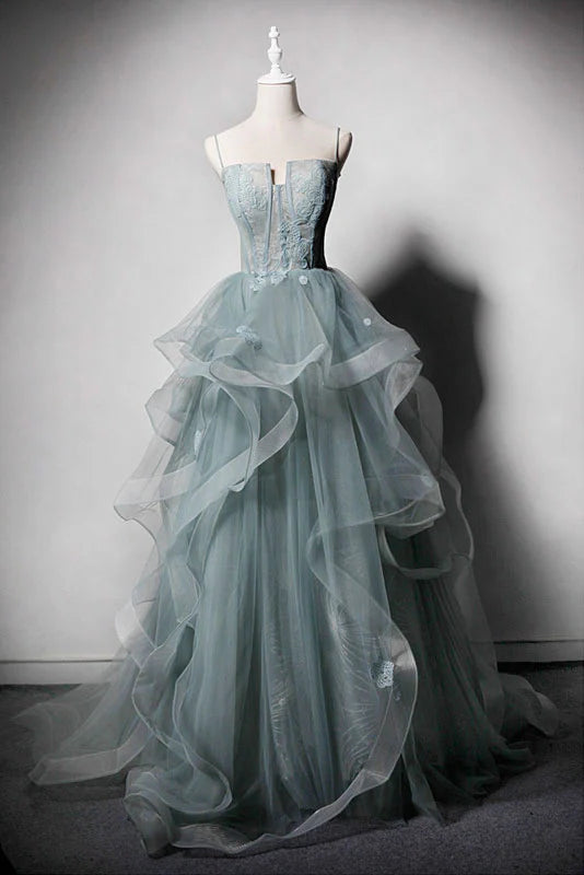 Green tulle lace long Prom Dresses