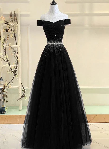 Sparkly Off Shoulder Black Tulle Beaded Waist Ball Gown