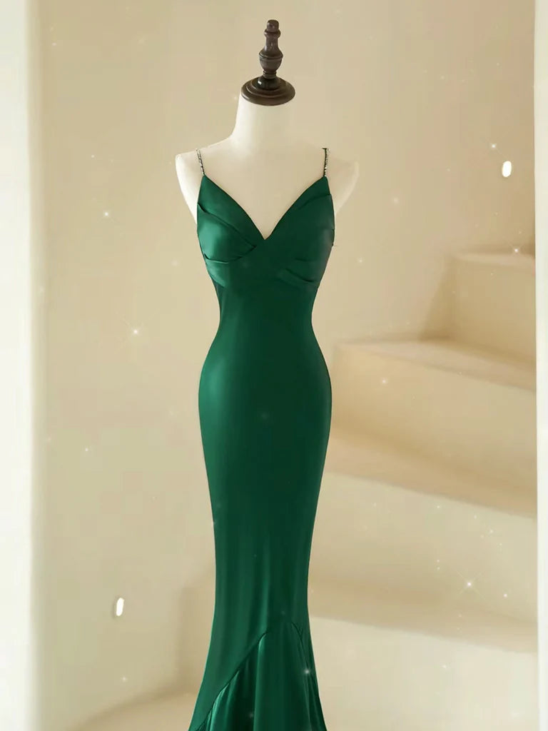 Mermaid V Neck Satin Green Long Prom Party Dresses