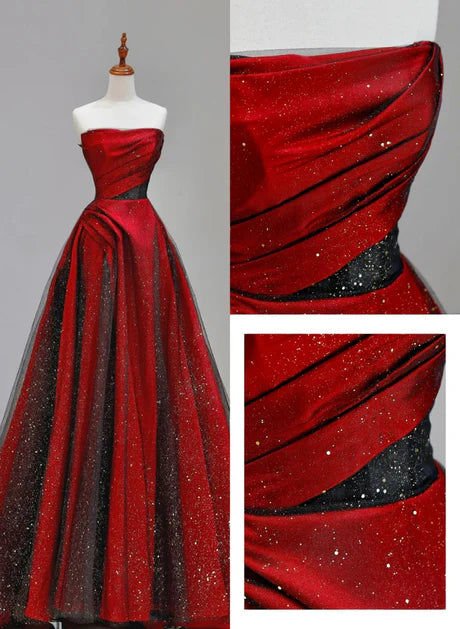 Red Satin with Black Tulle Long Party Prom Dress