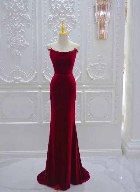 Burgundy Velvet Mermaid Cowl Neck Criss-Cross Back Floor-Length Dress
