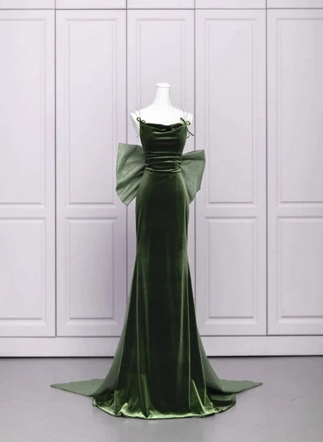 Olive Green Velvet Mermaid Cowl Neck Criss-Cross Back Floor-Length Dress