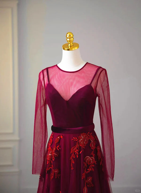 Vestido largo de fiesta de graduación de tul y terciopelo rojo vino con corte A