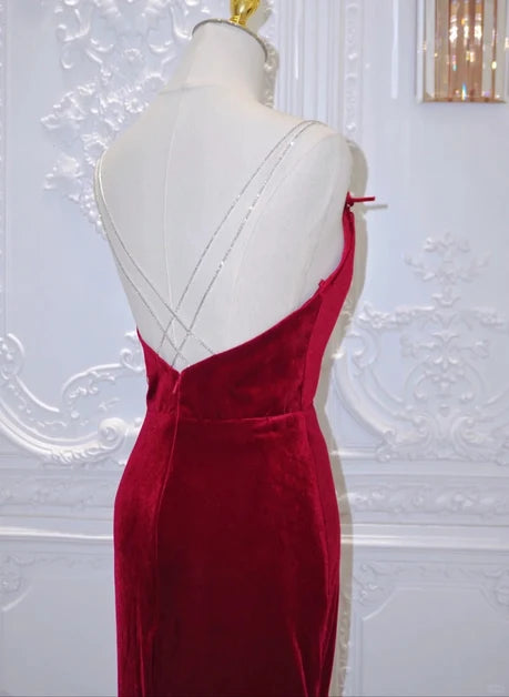 Burgundy Velvet Mermaid Cowl Neck Criss-Cross Back Floor-Length Dress