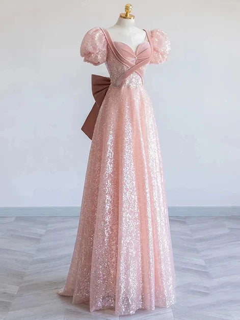 Blushing Pink Sequin A-Line Sweetheart V-Back Floor-Length Dress