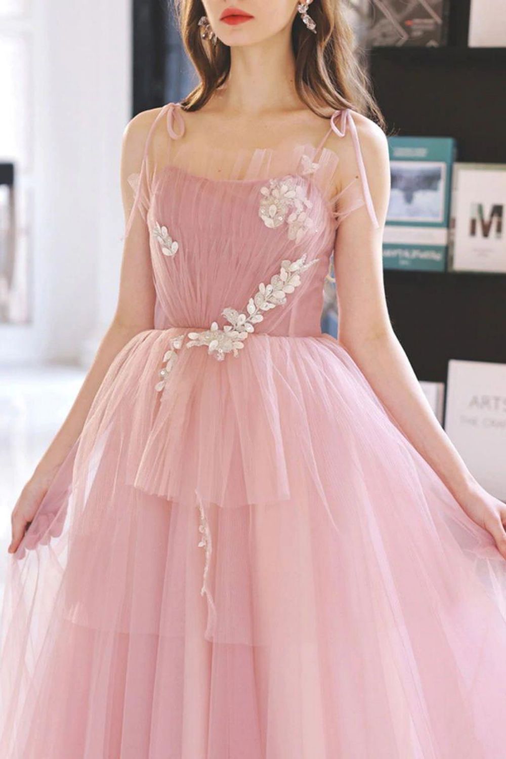 Weitese Elegant A Line Spaghetti Straps Pink Long Prom Dress with Appliques