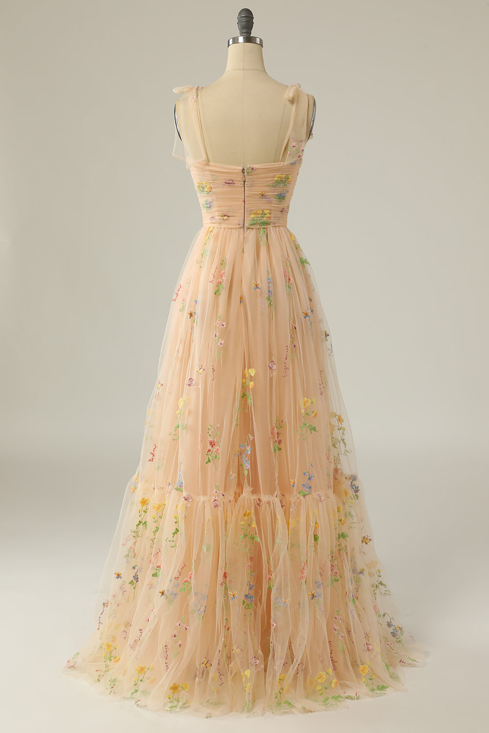 Weitese Elegant A Line Spaghetti Straps Champagne Long Prom Dress with Embroidery