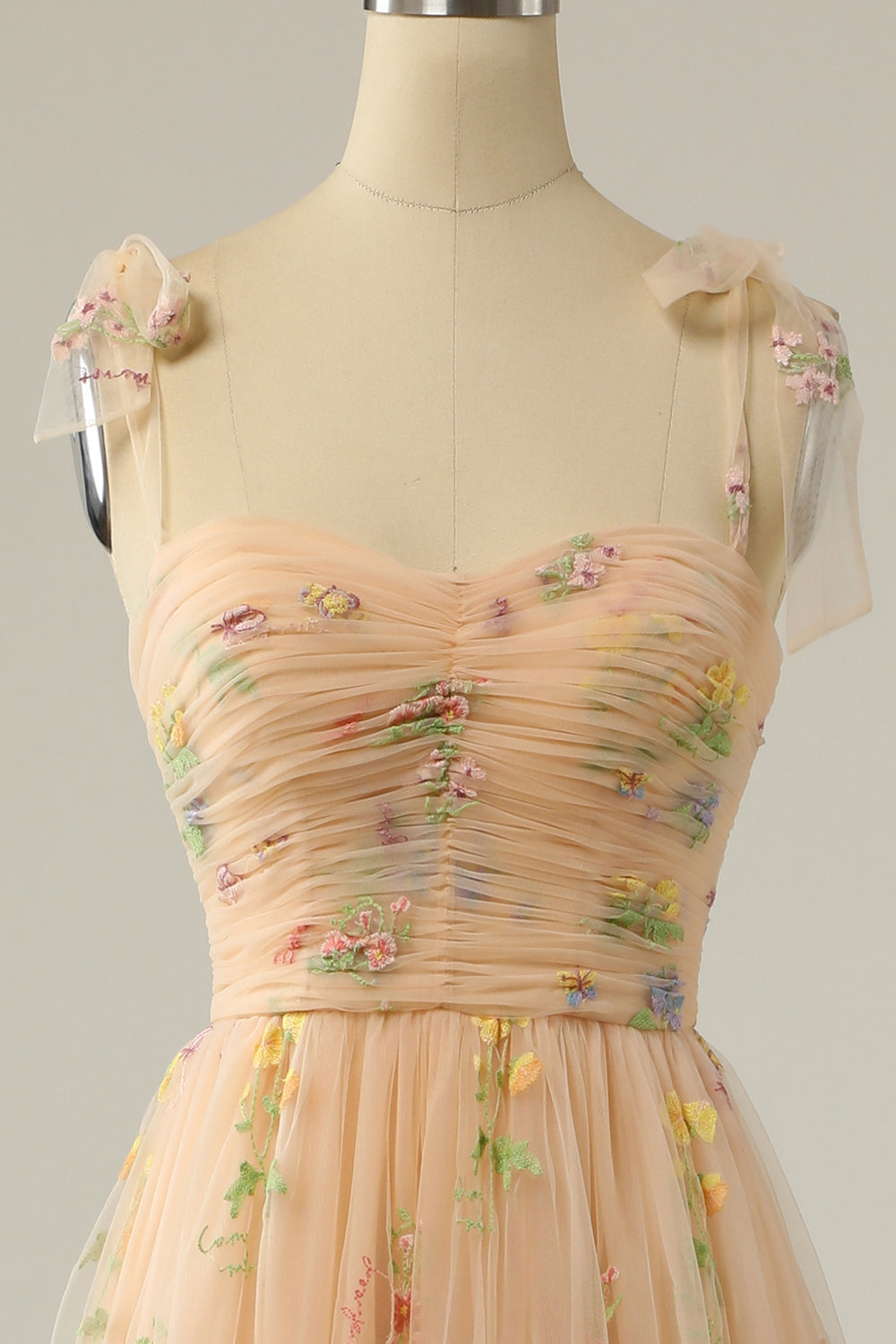 Weitese Elegant A Line Spaghetti Straps Champagne Long Prom Dress with Embroidery